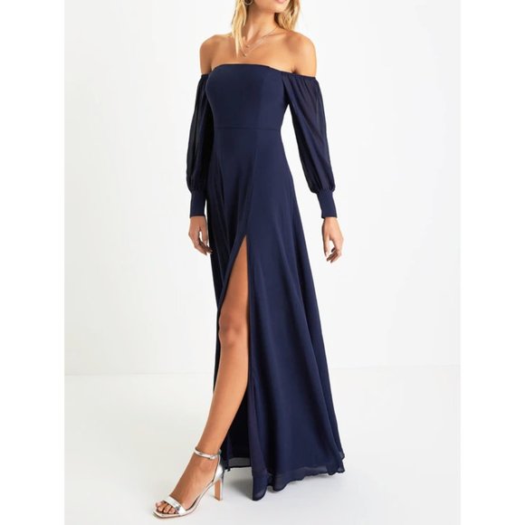 Lulus Dresses & Skirts - Feel the Romance Off-the-Shoulder Maxi Dress w/Sheer Long Sleeves in Navy Blue
